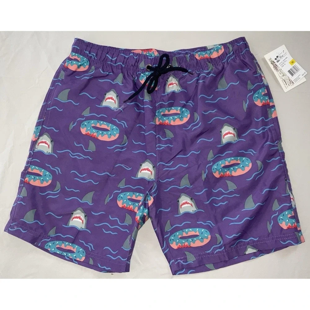 NWT Men's‎ U.S. Surf Club Oahu, Hawaii Shark Donut Floaty Purple Swim Trunks - M